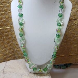 Green Crystal And Millefiori Glass Beaded Necklace